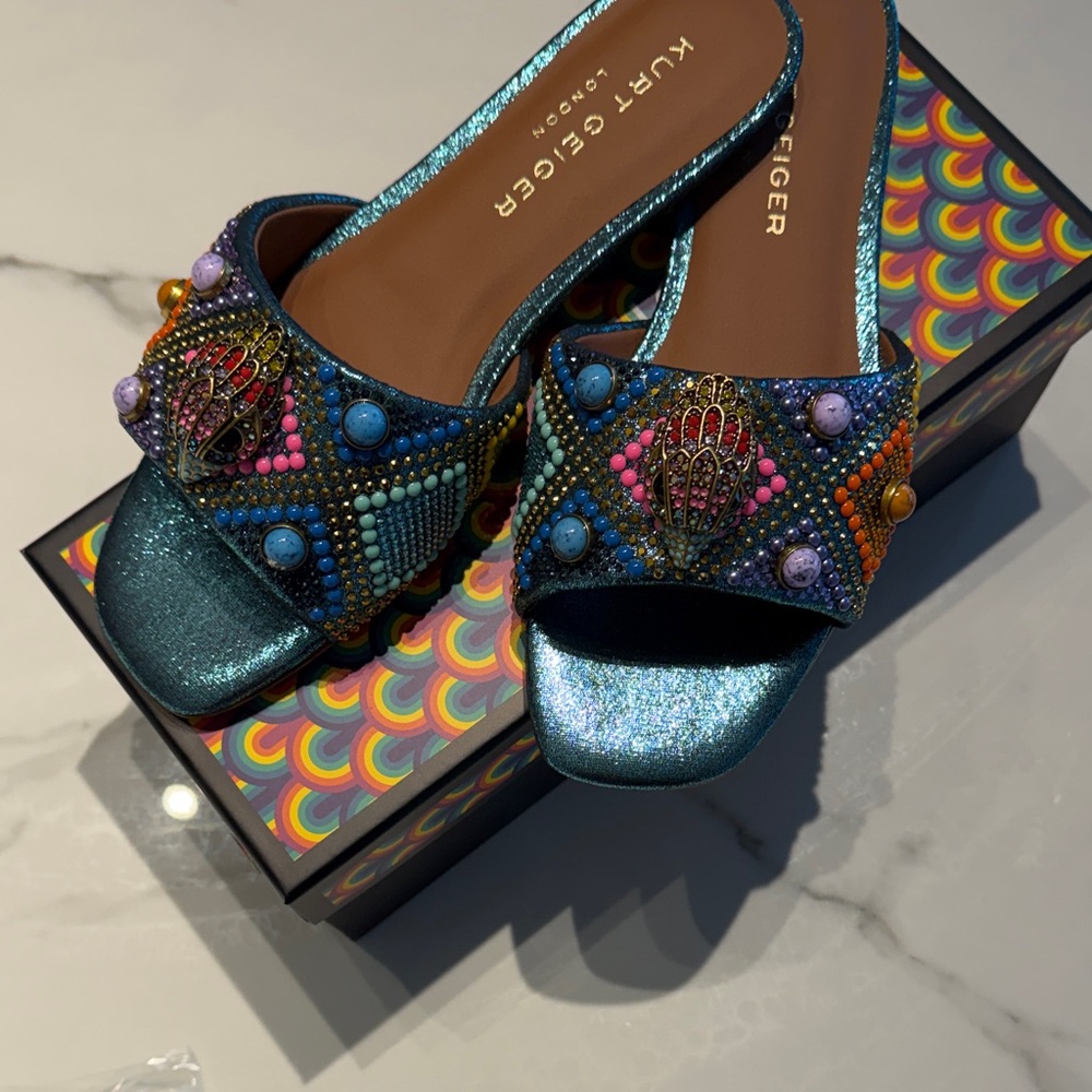 Kurt Geiger Teal Beaded Embellished Slide Mules